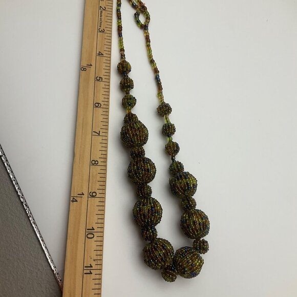 New Artisan Handmade Beaded Necklace Iridescent Green Tones Beads Chunky - Picture 6 of 10